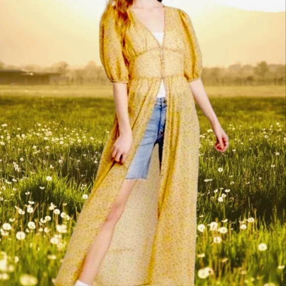 #R Womens Floral Button Front Duster Kimono Prairie Dress Large Yellow & Tan - Picture 3 of 6